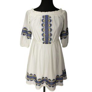 Kaari Blue White Multi Embroidered Off Shoulder Women Swing Dress Size XS
